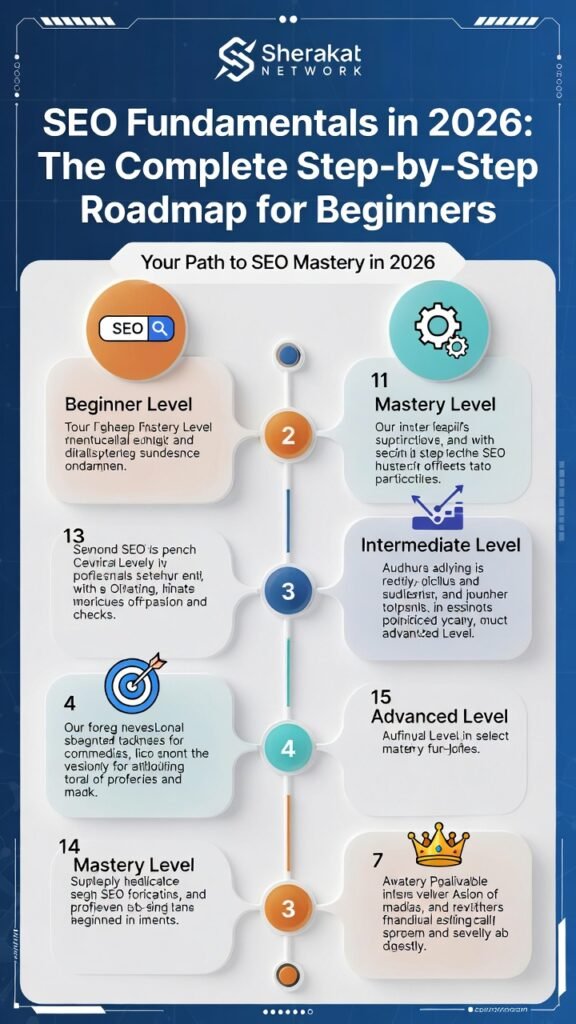 A step-by-step SEO roadmap for beginners showing the four phases: Foundation, On-Page, Off-Page, and Technical SEO.
