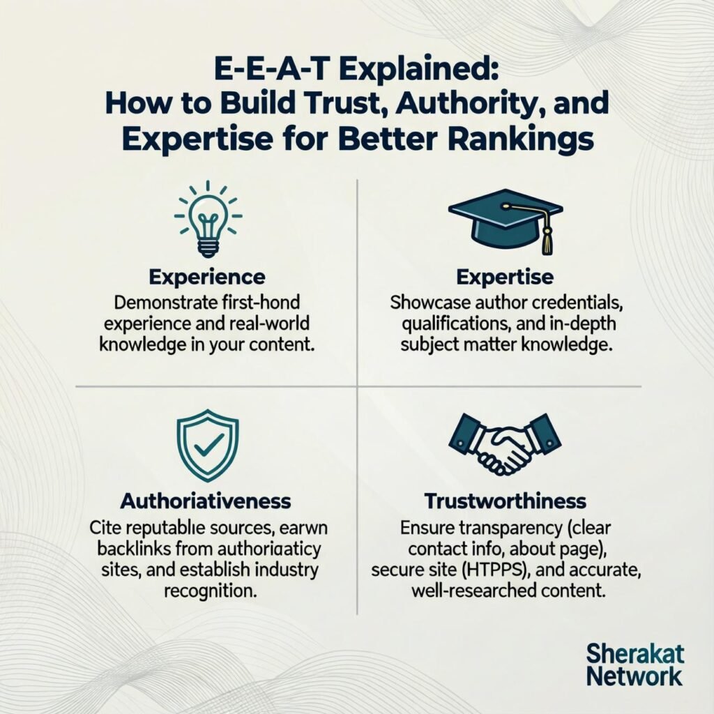 An annotated screenshot of a blog post highlighting key E-E-A-T signals: author bio with credentials, citations to reputable sources, original photos, and transparent affiliate disclosure.