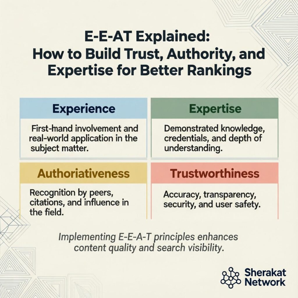 A pyramid diagram showing the four levels of E-E-A-T with Trustworthiness as the foundation, supporting Authoritativeness, Expertise, and Experience at the top.