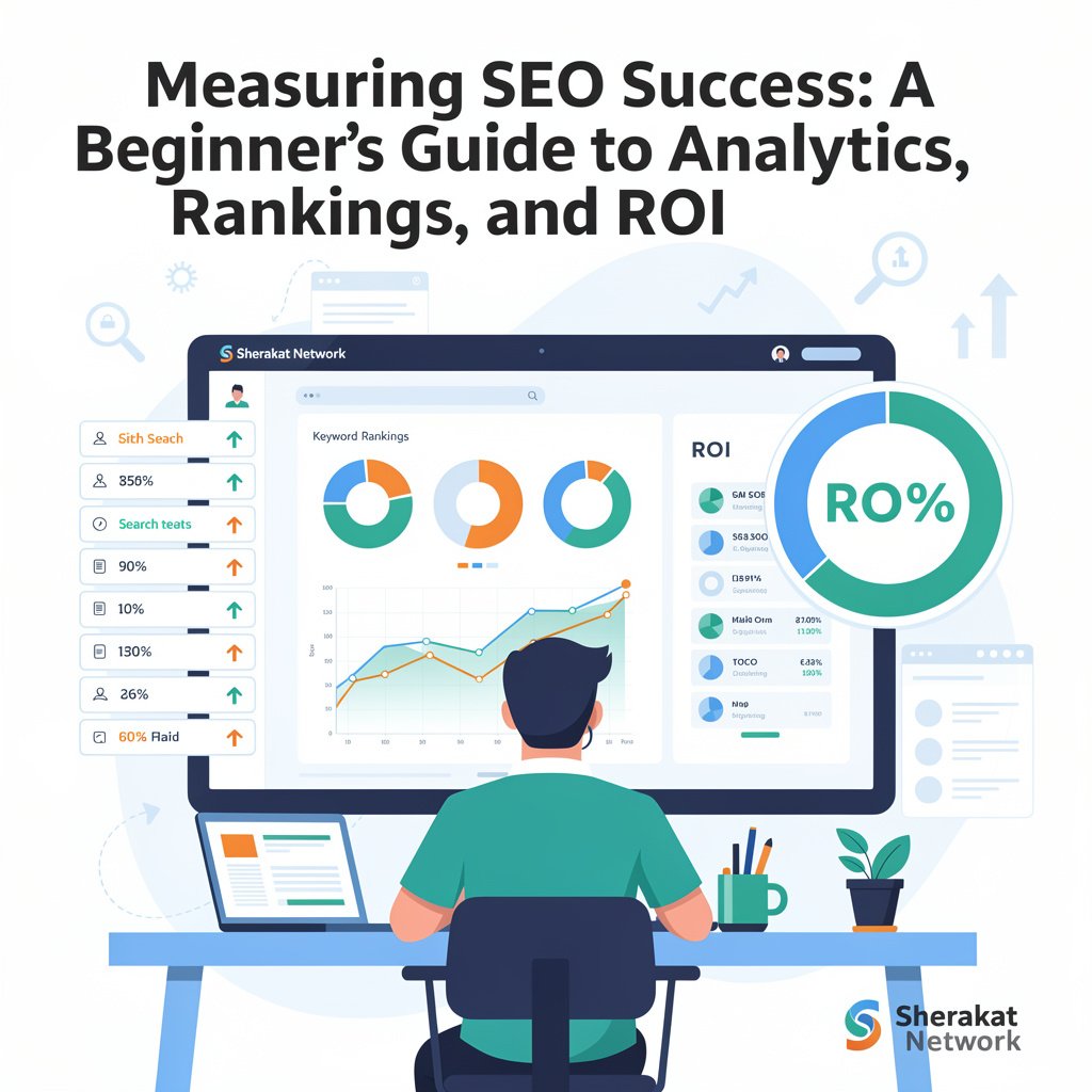 A concept dashboard showing key SEO metrics including organic traffic trend, top landing pages, search query performance, conversion data, and backlink growth.
