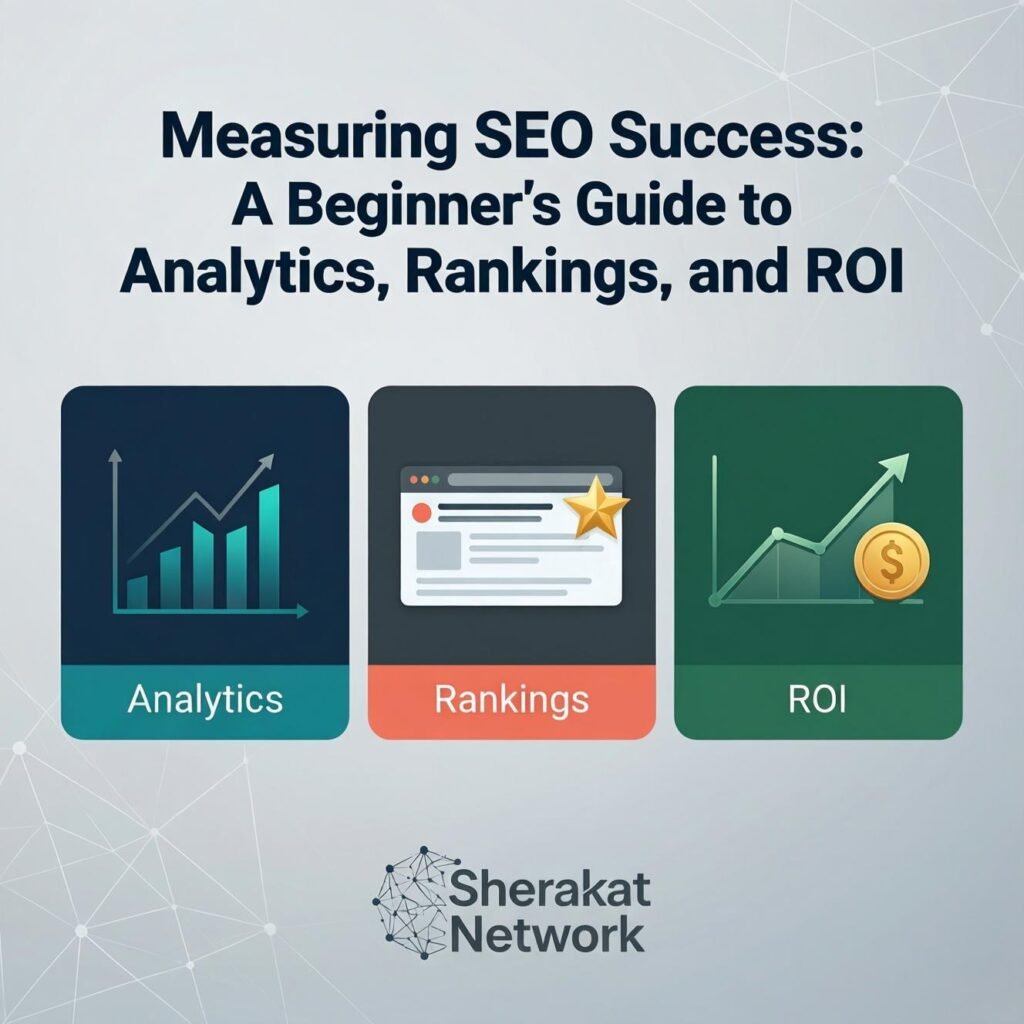 A concept dashboard showing key SEO metrics including organic traffic trend, top landing pages, search query performance, conversion data, and backlink growth.