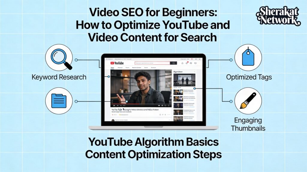 A pyramid diagram showing the hierarchy of YouTube ranking factors: Watch time and engagement at the top, followed by metadata optimization, then channel authority, and finally promotion.