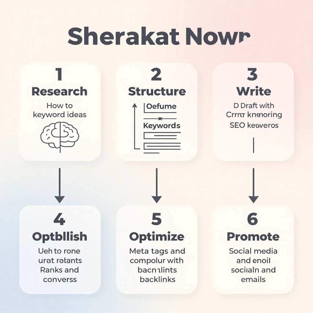 A flowchart showing the complete SEO content writing process from keyword research to publication and updates.