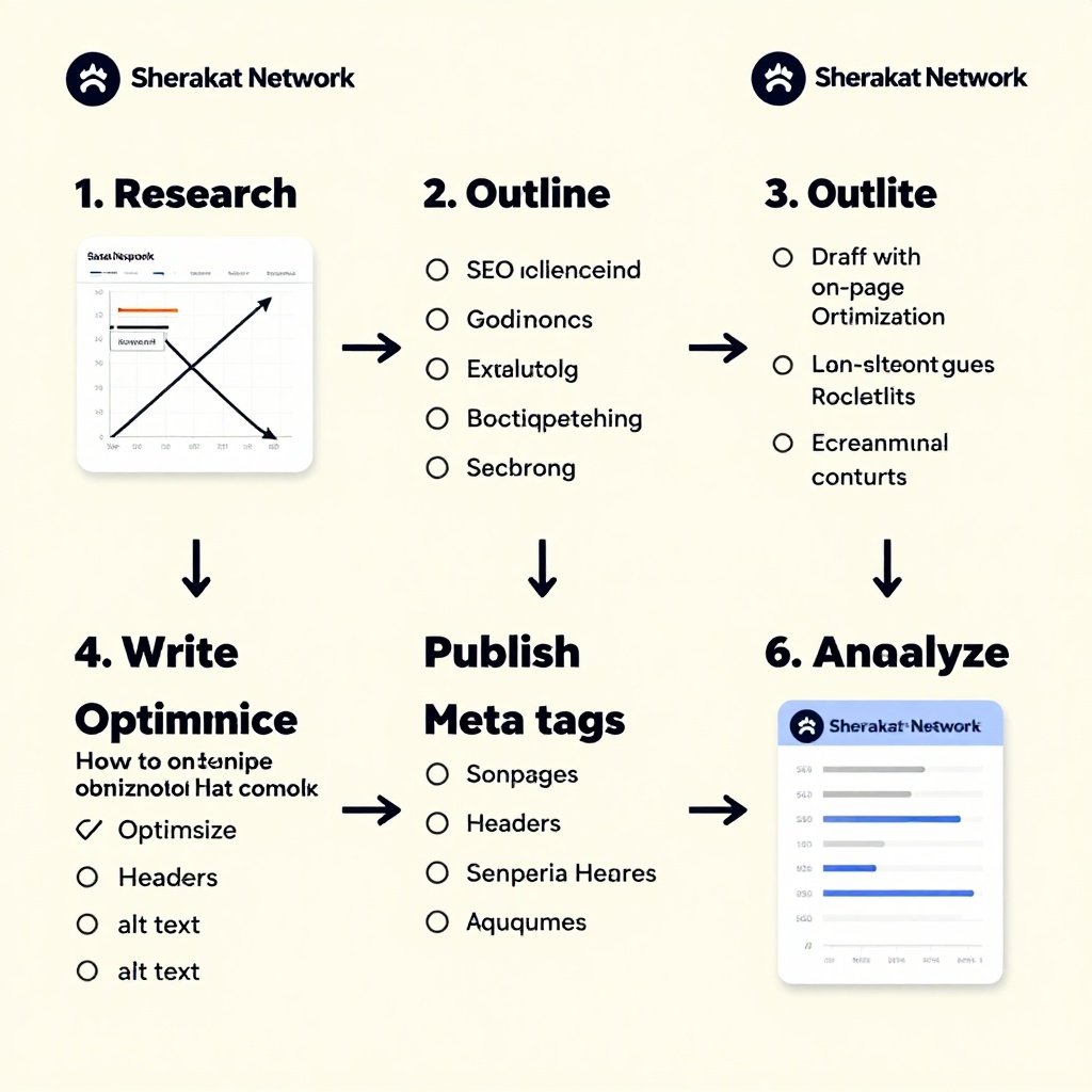 A flowchart showing the complete SEO content writing process from keyword research to publication and updates.