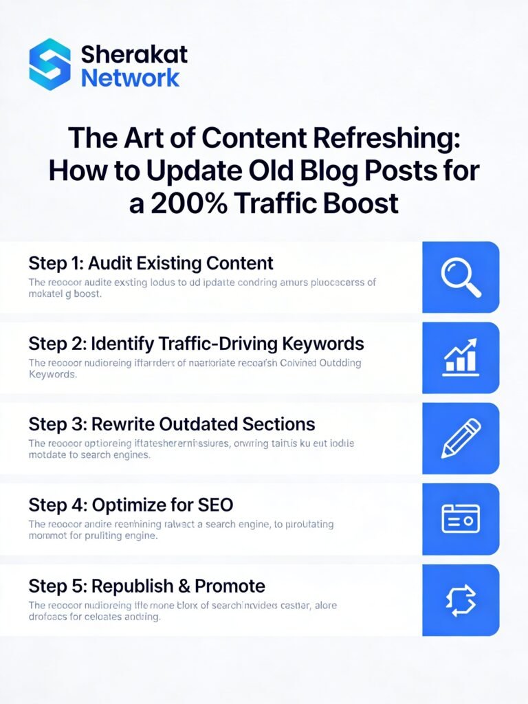 A flowchart showing the six-step content refresh process: Audit, Prioritize, Analyze Competitors, Update Systematically, Consolidate, and Repromote.