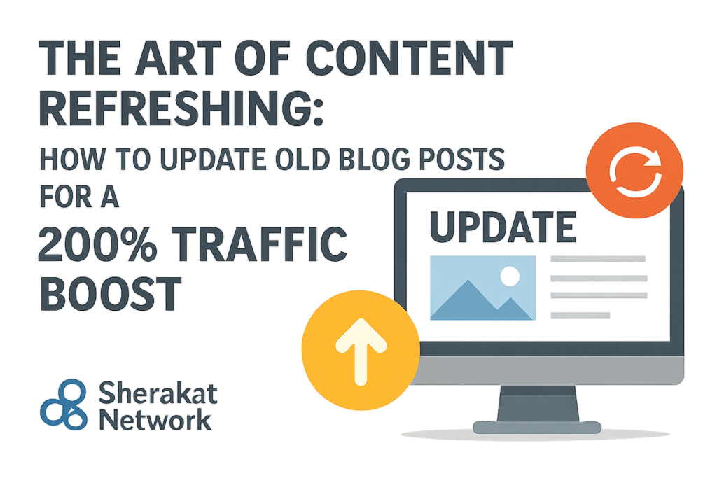 A flowchart showing the six-step content refresh process: Audit, Prioritize, Analyze Competitors, Update Systematically, Consolidate, and Repromote.