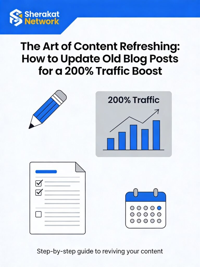 A flowchart showing the six-step content refresh process: Audit, Prioritize, Analyze Competitors, Update Systematically, Consolidate, and Repromote.