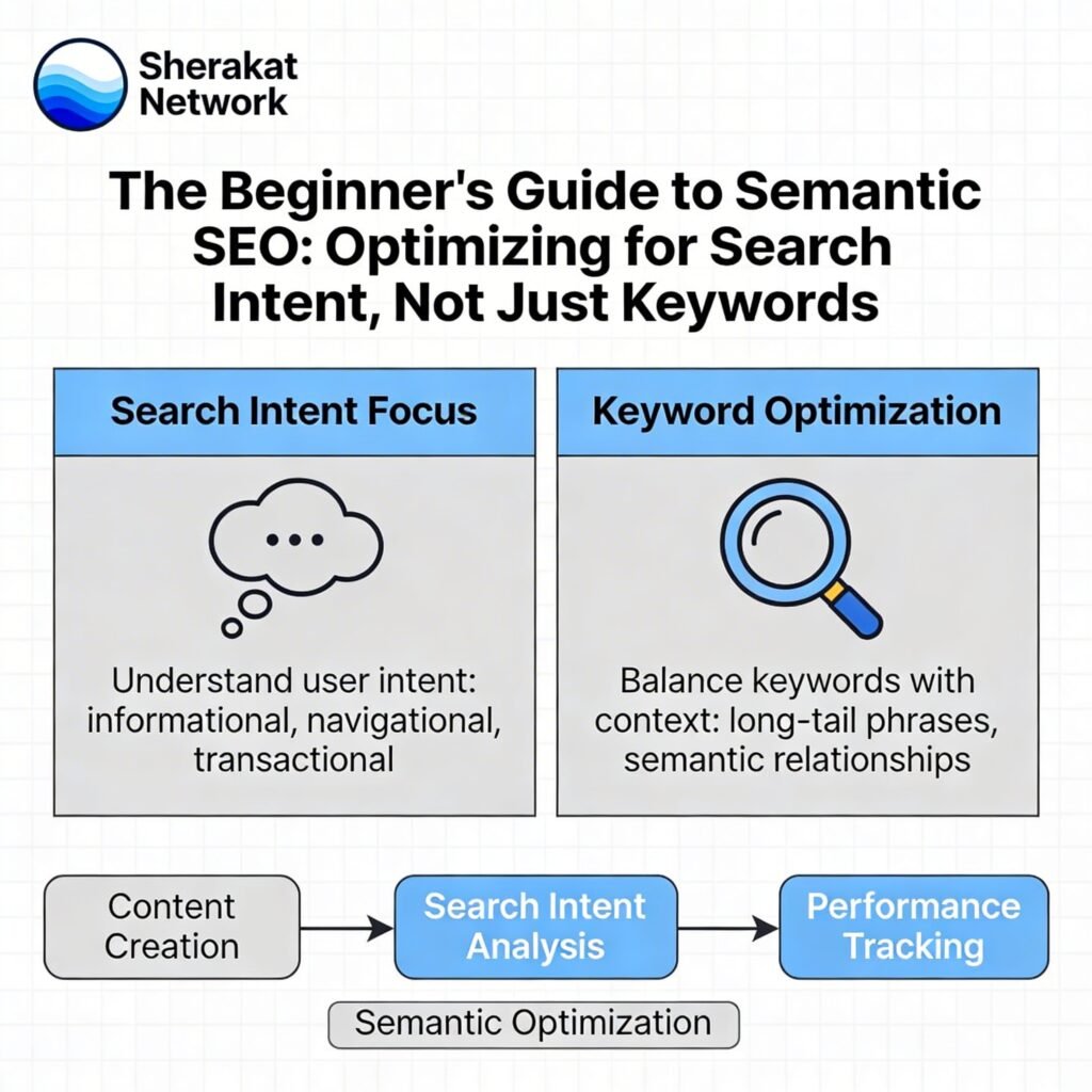 A diagram showing the four types of search intent: Informational (learn something), Navigational (find a site), Commercial (research before buying), and Transactional (complete a purchase).