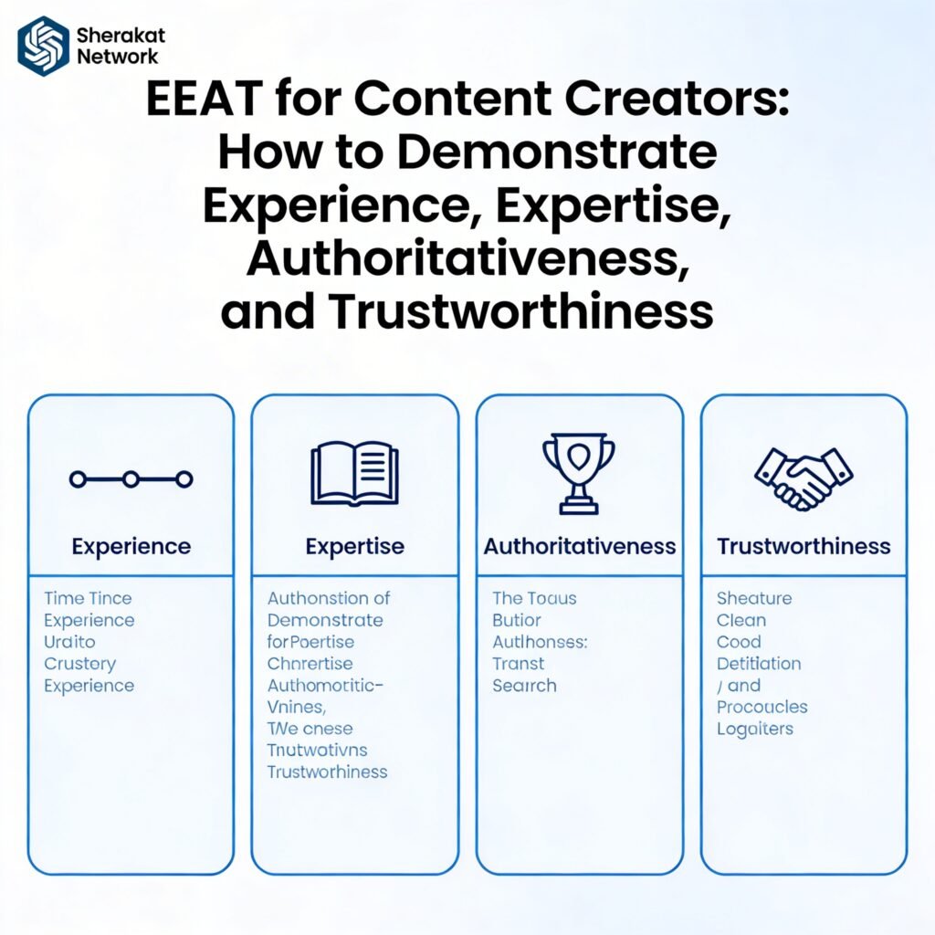 A four-part diagram showing the EEAT components: Experience (personal involvement), Expertise (formal knowledge), Authoritativeness (external recognition), and Trustworthiness (transparency and accuracy).