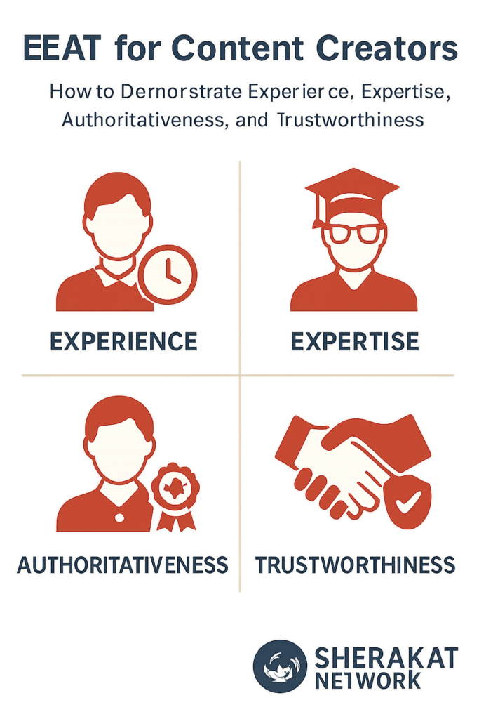 A four-part diagram showing the EEAT components: Experience (personal involvement), Expertise (formal knowledge), Authoritativeness (external recognition), and Trustworthiness (transparency and accuracy).