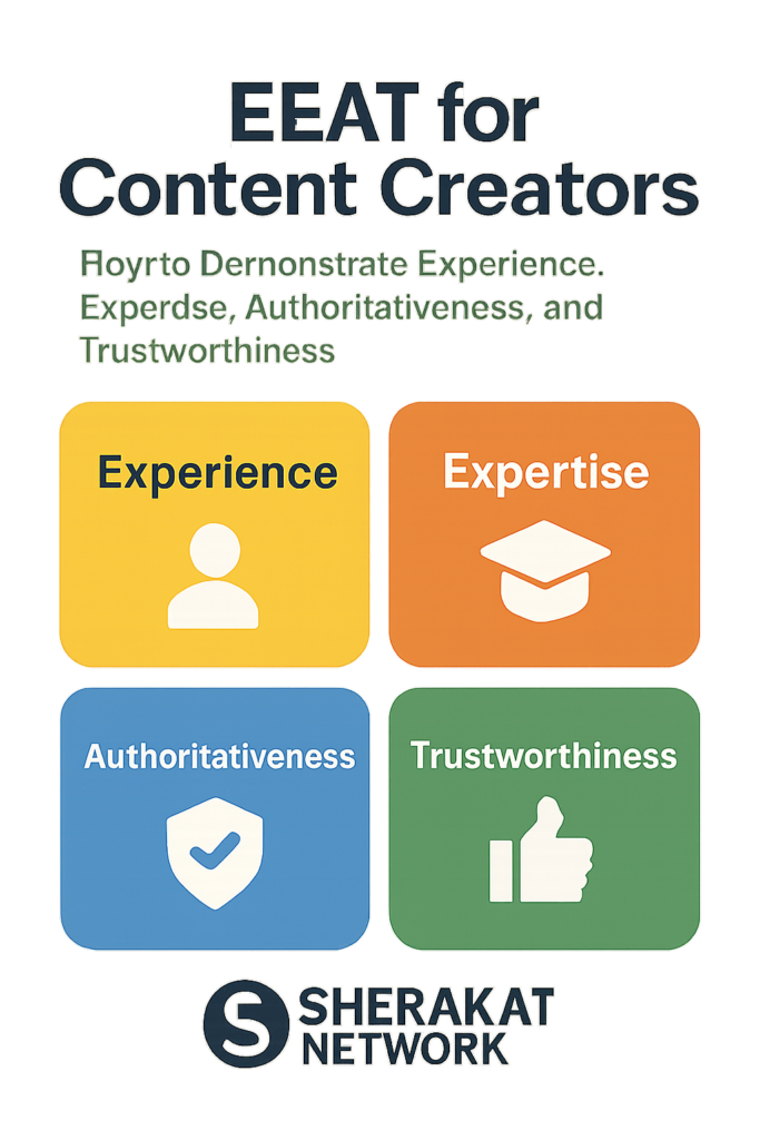 A four-part diagram showing the EEAT components: Experience (personal involvement), Expertise (formal knowledge), Authoritativeness (external recognition), and Trustworthiness (transparency and accuracy).