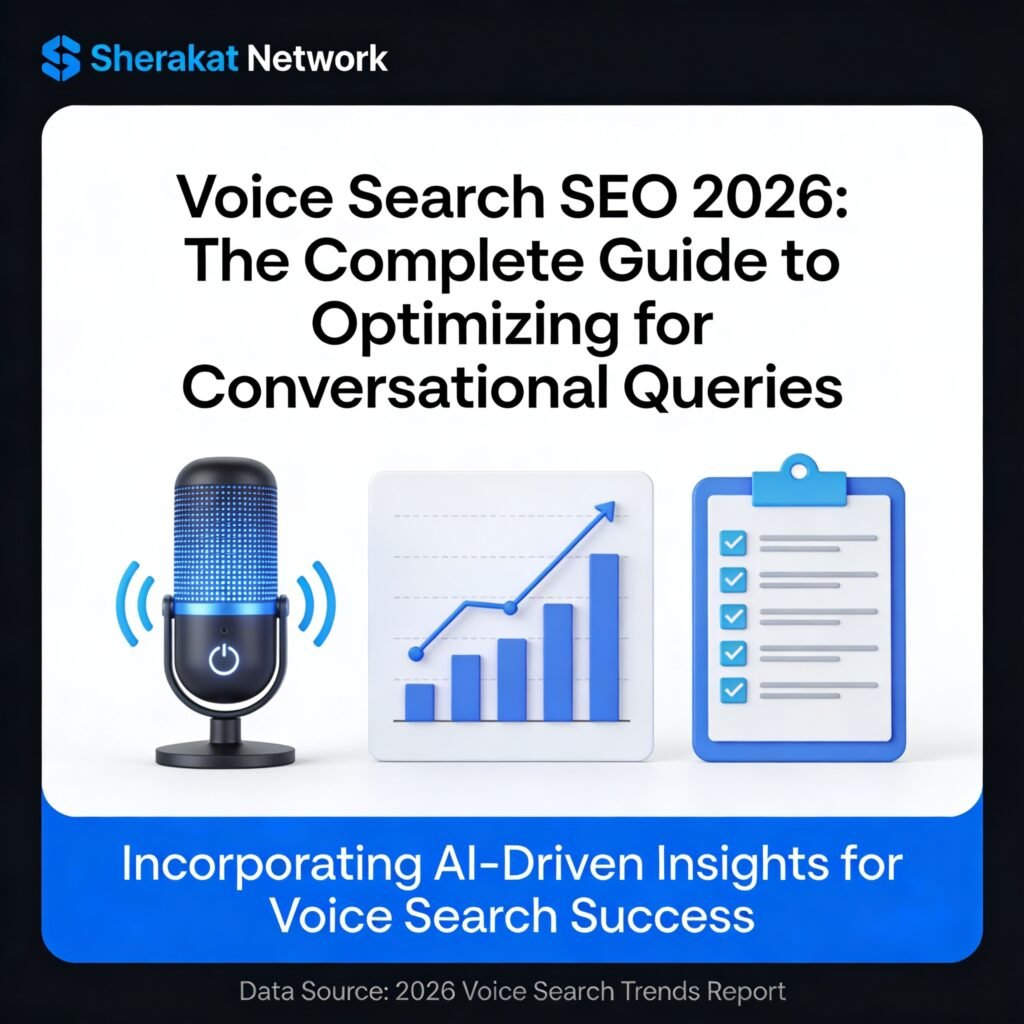 A comparison diagram showing typed search queries (short, fragmented, keyword-focused) versus voice search queries (long, conversational, question-focused).