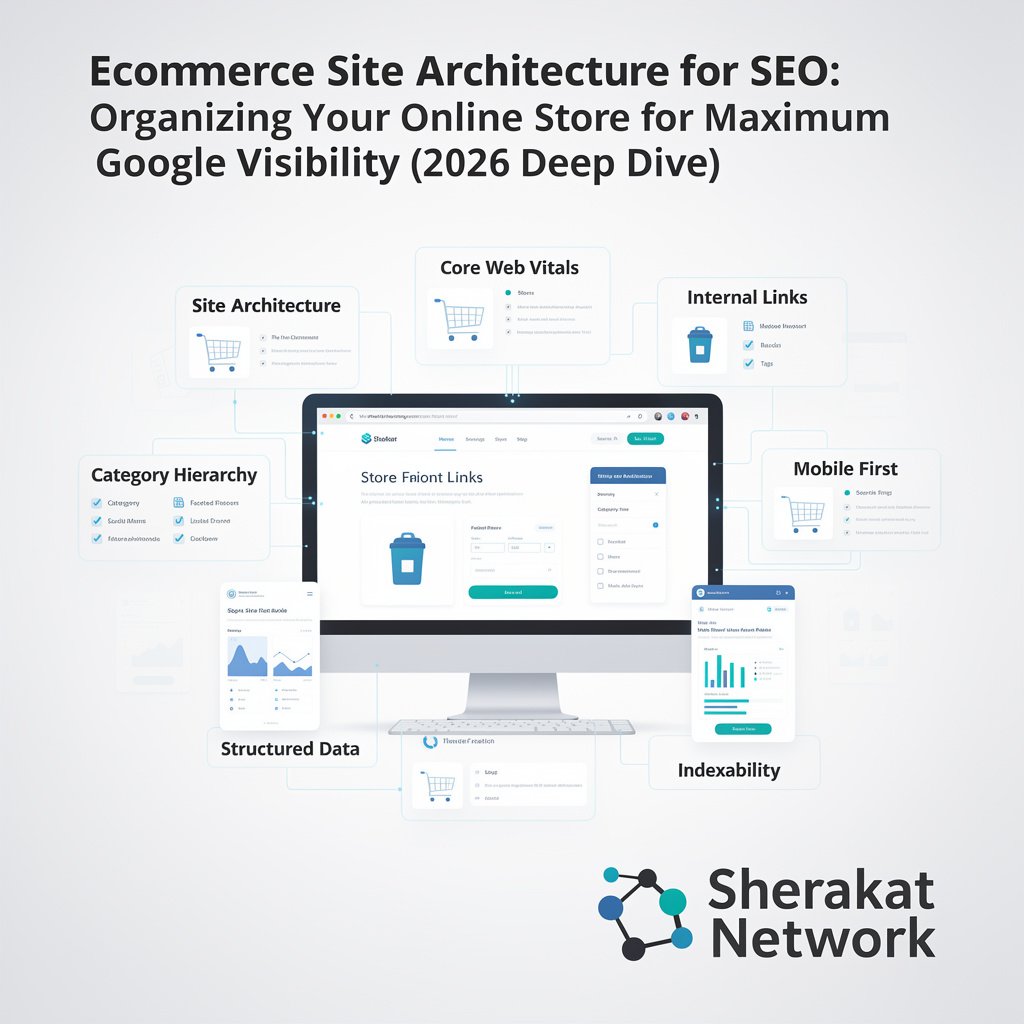 Diagram comparing a flat architecture (homepage links directly to category and product pages, 3 clicks max) versus a deep architecture (homepage links to general shop, then subcategory, then sub-subcategory, then product, 6+ clicks).