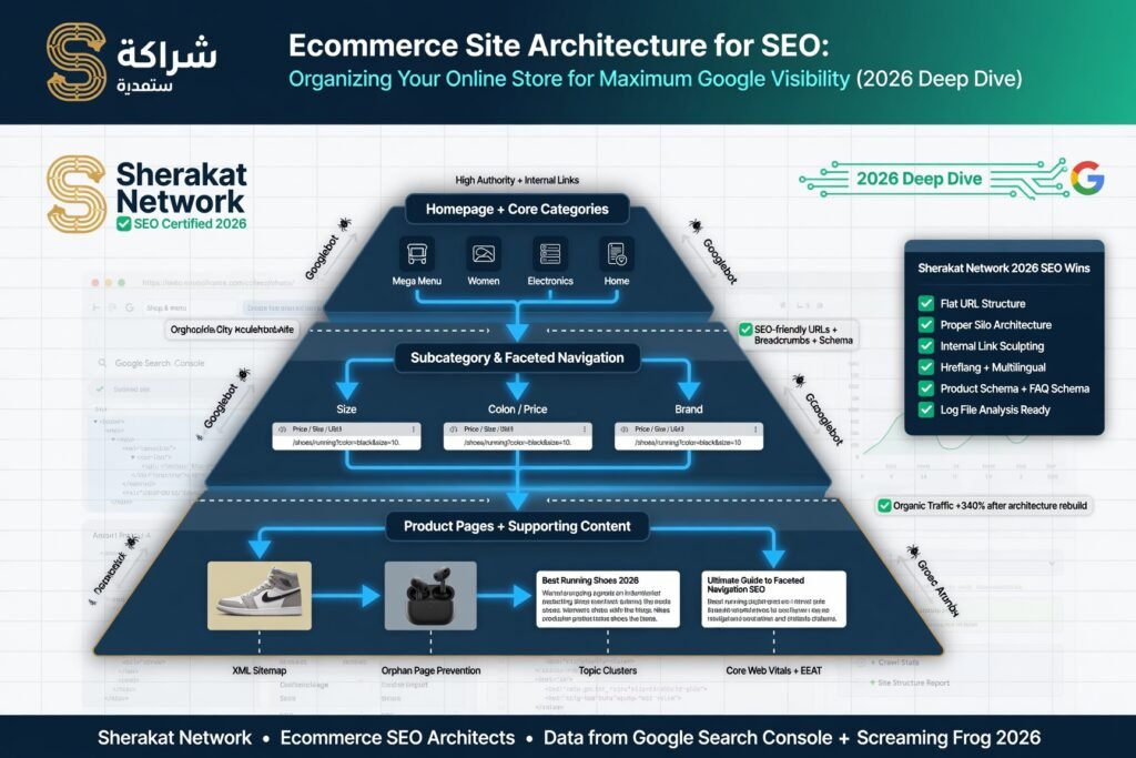Diagram comparing a flat architecture (homepage links directly to category and product pages, 3 clicks max) versus a deep architecture (homepage links to general shop, then subcategory, then sub-subcategory, then product, 6+ clicks).