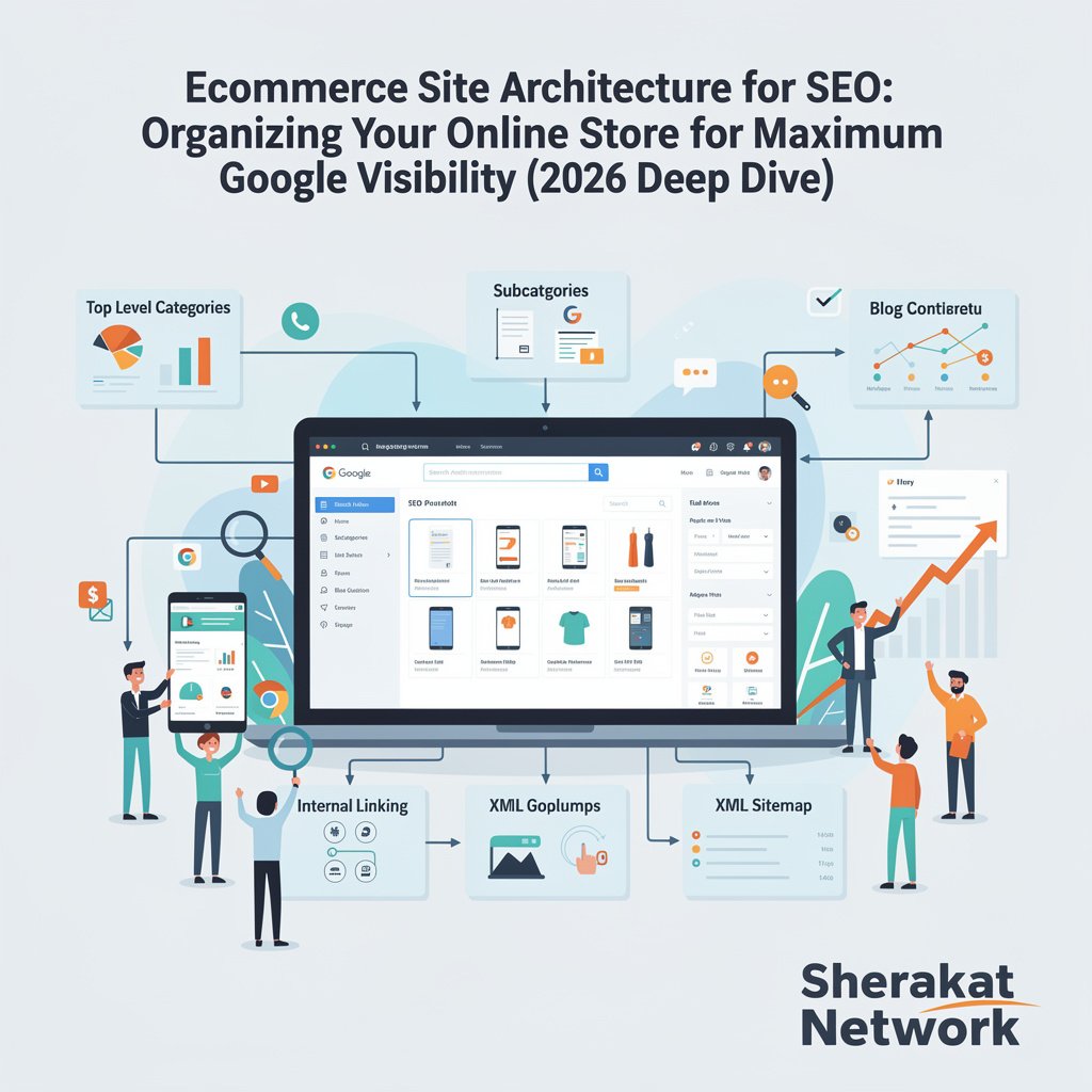 Diagram comparing a flat architecture (homepage links directly to category and product pages, 3 clicks max) versus a deep architecture (homepage links to general shop, then subcategory, then sub-subcategory, then product, 6+ clicks).