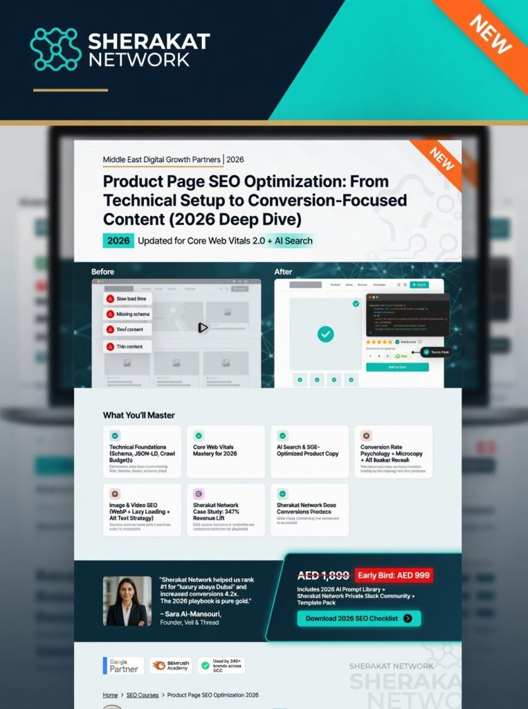 Annotated screenshot of an ecommerce product page with numbered callouts showing: 1) Meta title and meta description, 2) URL slug, 3) Breadcrumb navigation, 4) Product images with alt text, 5) Unique description with features/benefits, 6) Customer reviews and rating stars, 7) FAQ section, 8) Internal links to related products, 9) Trust badges, 10) Schema markup in code.