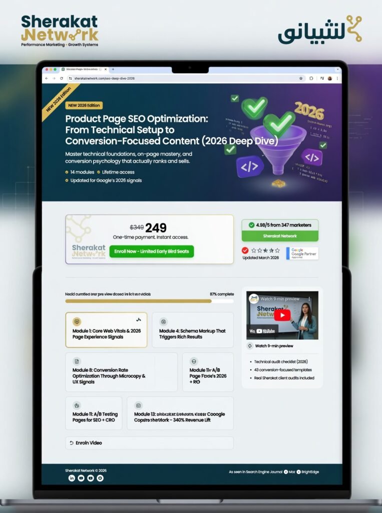 Annotated screenshot of an ecommerce product page with numbered callouts showing: 1) Meta title and meta description, 2) URL slug, 3) Breadcrumb navigation, 4) Product images with alt text, 5) Unique description with features/benefits, 6) Customer reviews and rating stars, 7) FAQ section, 8) Internal links to related products, 9) Trust badges, 10) Schema markup in code.