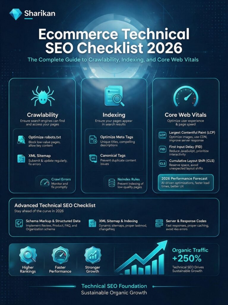 Diagram showing the five pillars of ecommerce technical SEO: Crawlability (robots.txt, sitemap), Indexability (canonicals, noindex), Performance (Core Web Vitals, speed), Mobile Optimization (mobile-first indexing), and Structured Data (schema, product feed).