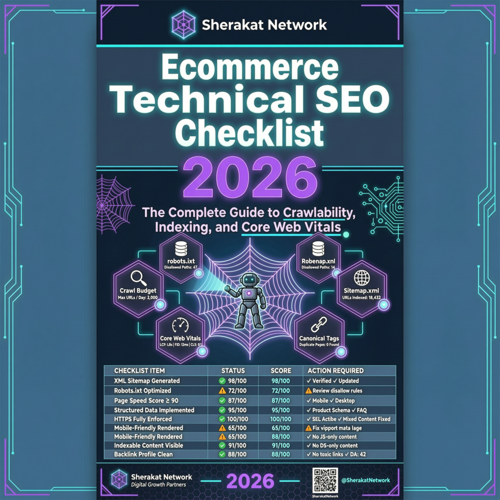 Diagram showing the five pillars of ecommerce technical SEO: Crawlability (robots.txt, sitemap), Indexability (canonicals, noindex), Performance (Core Web Vitals, speed), Mobile Optimization (mobile-first indexing), and Structured Data (schema, product feed).