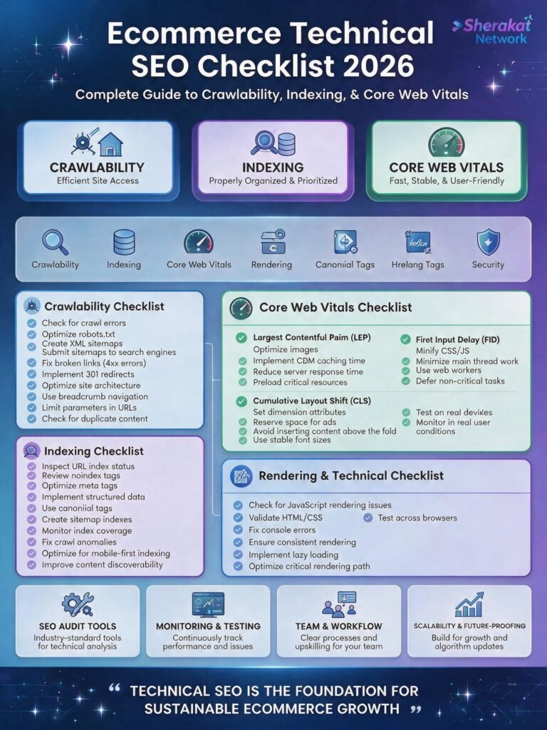 Diagram showing the five pillars of ecommerce technical SEO: Crawlability (robots.txt, sitemap), Indexability (canonicals, noindex), Performance (Core Web Vitals, speed), Mobile Optimization (mobile-first indexing), and Structured Data (schema, product feed).