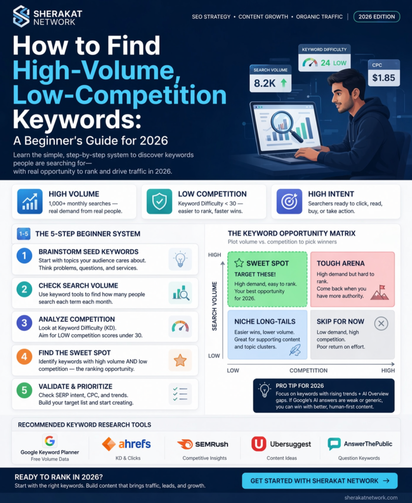 Screenshot of keyword research spreadsheet showing high volume low competition keyword opportunities with difficulty scores and search volumes