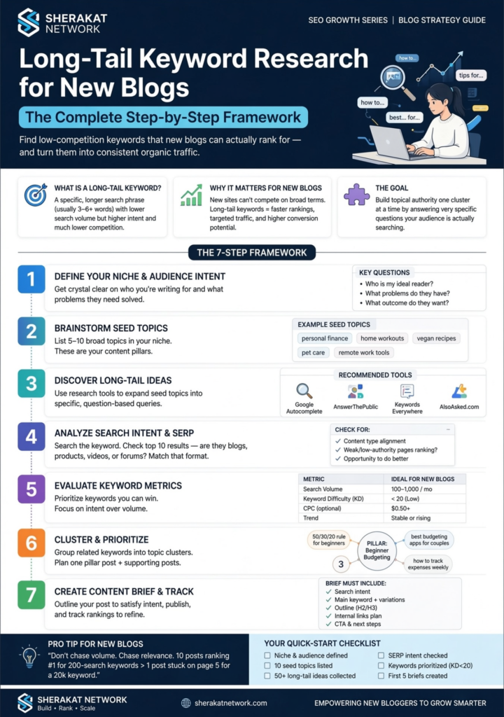 Step-by-step flowchart showing long-tail keyword research process from Search Console analysis to content creation