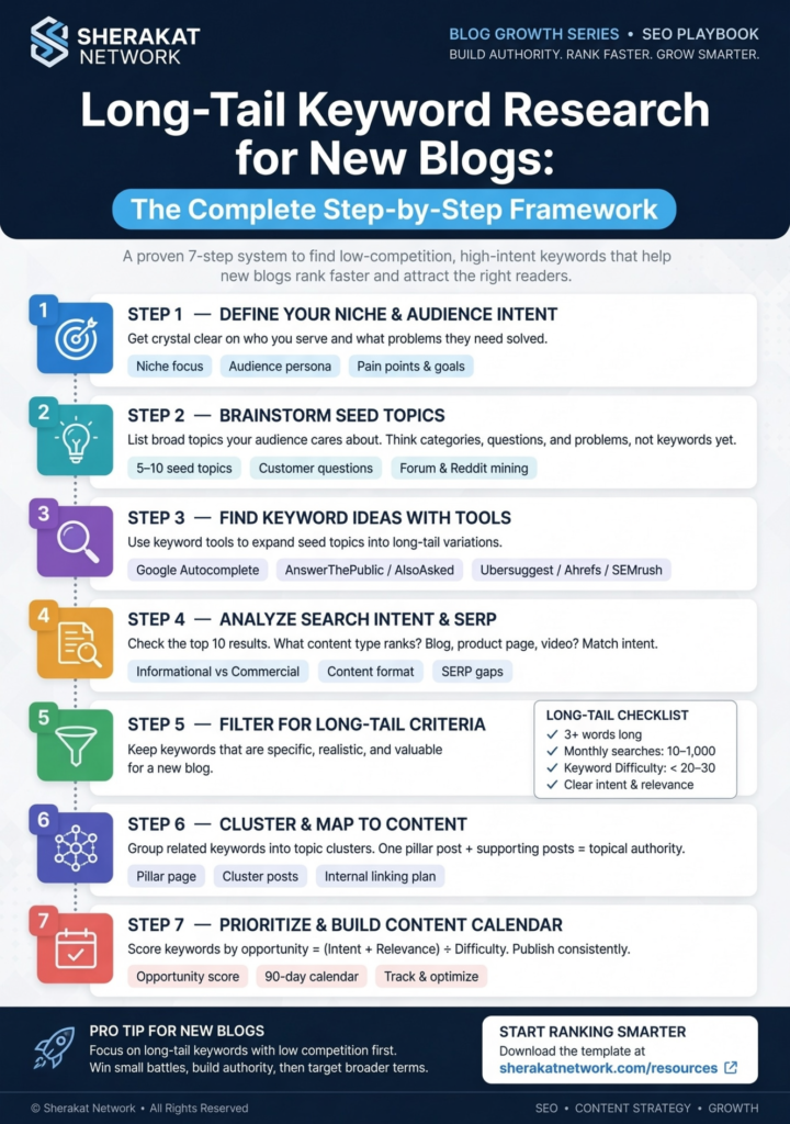 Step-by-step flowchart showing long-tail keyword research process from Search Console analysis to content creation