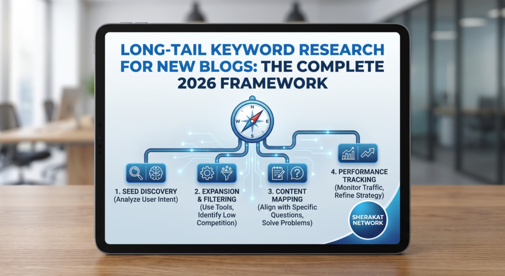 Step-by-step flowchart showing long-tail keyword research process from Search Console analysis to content creation