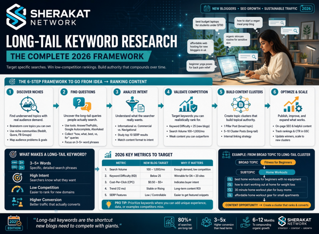 Step-by-step flowchart showing long-tail keyword research process from Search Console analysis to content creation