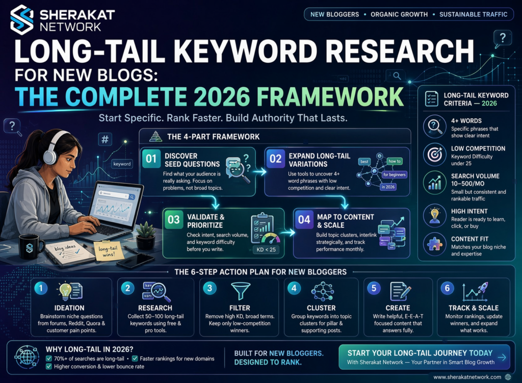 Step-by-step flowchart showing long-tail keyword research process from Search Console analysis to content creation
