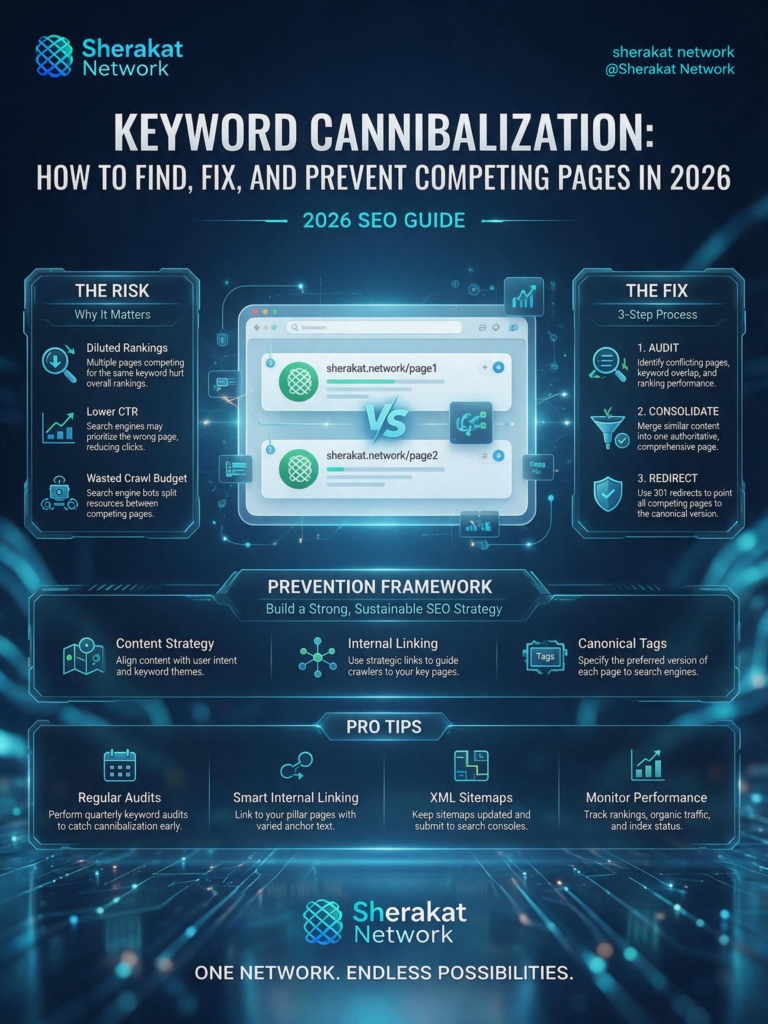 Diagram comparing consolidate, differentiate, and redirect approaches to fixing keyword cannibalization