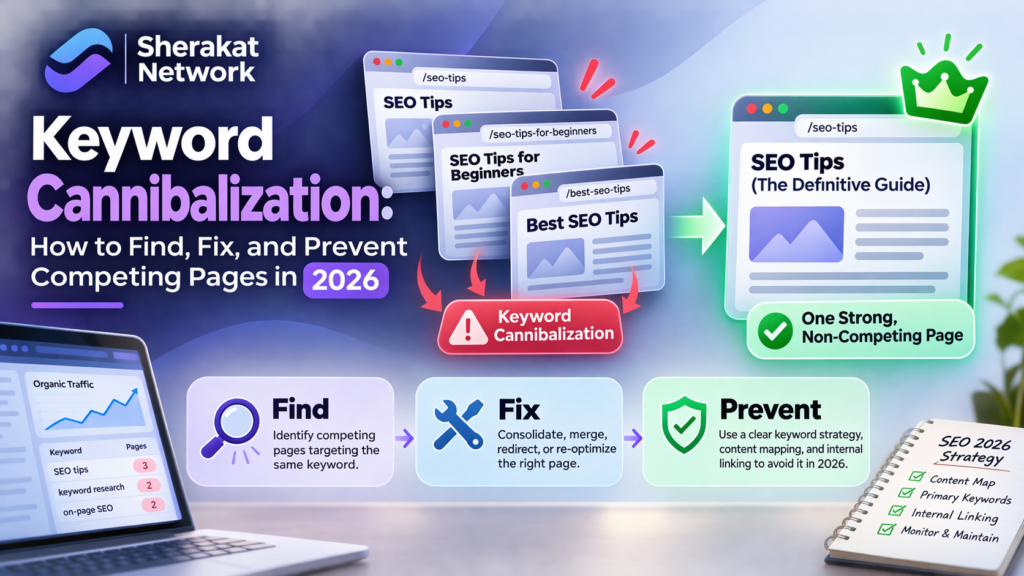 Diagram comparing consolidate, differentiate, and redirect approaches to fixing keyword cannibalization